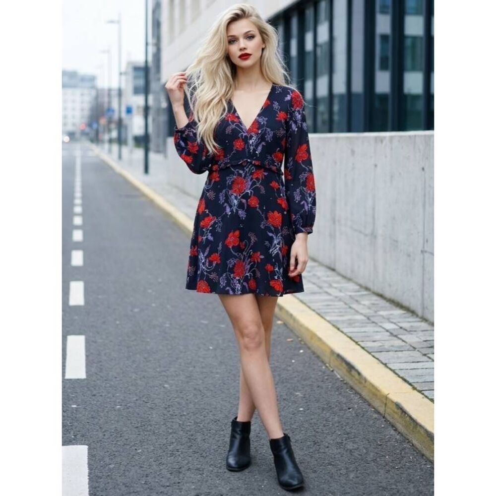 ☔️🔸️NWT Madewell Black w/Red Windblown Poppies Silk Dress Size 6